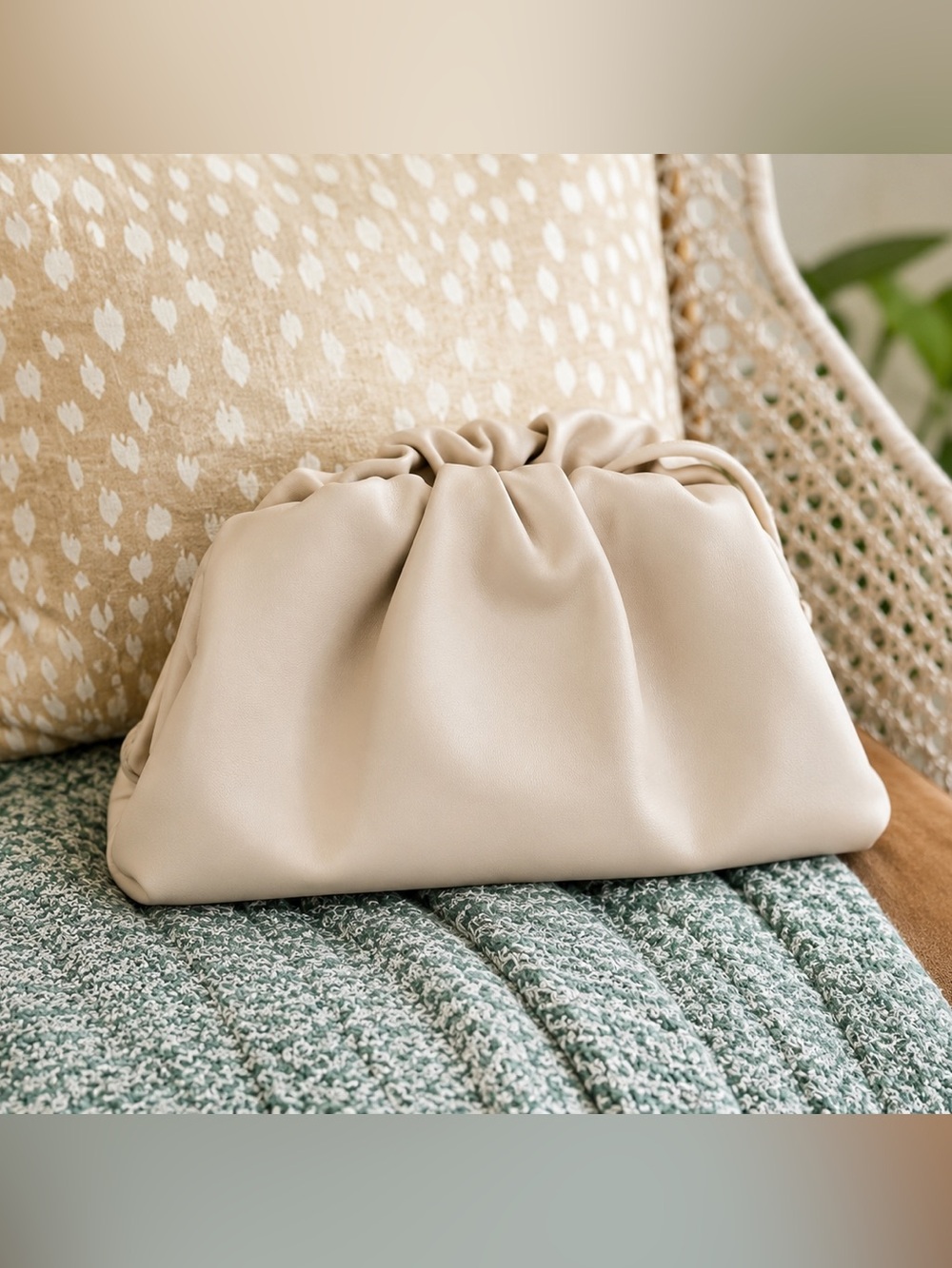 POPULAR Cream Cloud Pouch Bag | Soft Ruched Clutch | Bottega-Inspired